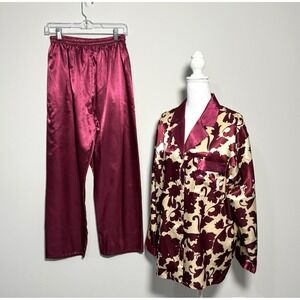 Vertigeux Satin Pajama Set M Burgundy Floral Vintage Glam‎ Lounge Sleepwear